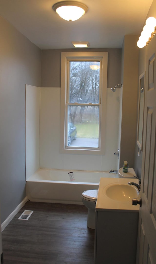 bathroom featuring toilet, vanity, and hardwood / wood-style flooring