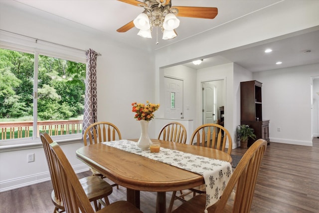 dining room with dark hardwood / wood-style flooring, a wealth of natural light, and ceiling fan