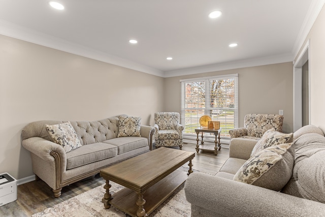 living room featuring hardwood / wood-style floors and crown molding