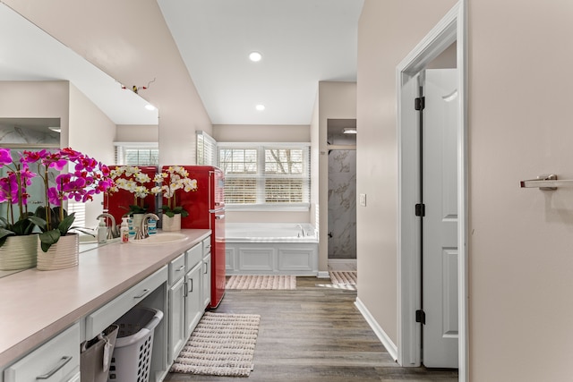 bathroom with vanity, hardwood / wood-style flooring, and independent shower and bath