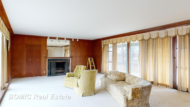 unfurnished living room featuring wooden walls, ornamental molding, rail lighting, and light carpet