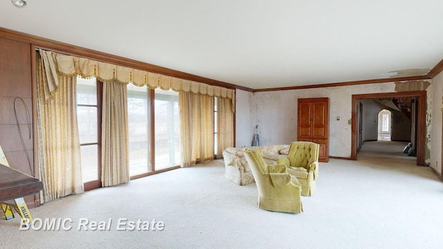 carpeted living room featuring ornamental molding