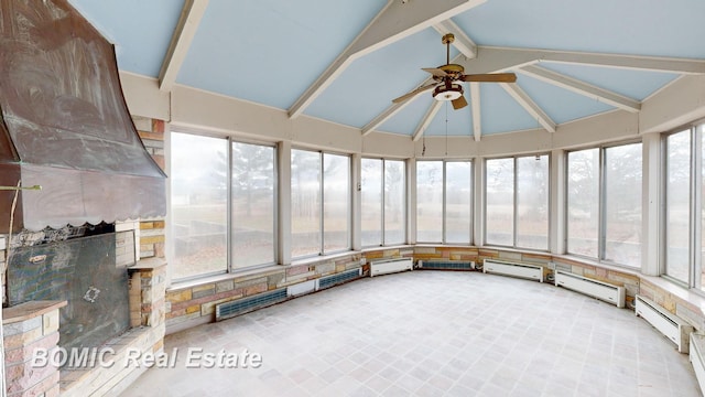 sunroom / solarium with vaulted ceiling with beams, a healthy amount of sunlight, ceiling fan, and a baseboard radiator