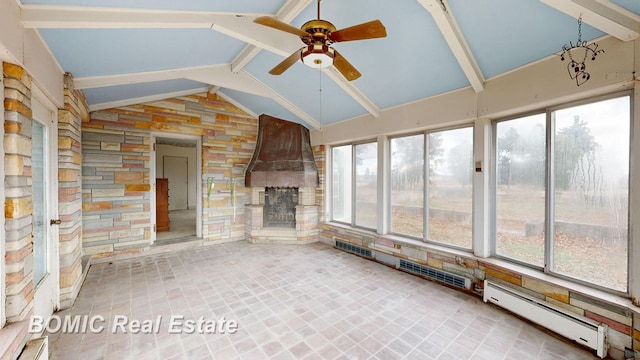 unfurnished sunroom with lofted ceiling with beams, ceiling fan, and baseboard heating