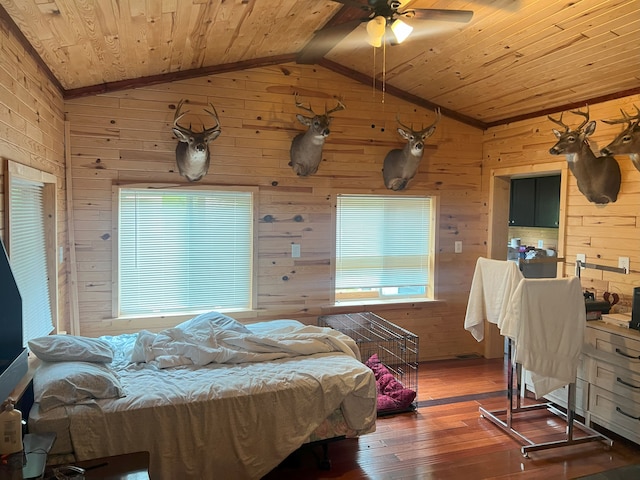 bedroom featuring ceiling fan, dark hardwood / wood-style flooring, lofted ceiling, wooden walls, and wood ceiling