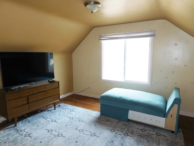 bedroom featuring light hardwood / wood-style flooring and vaulted ceiling