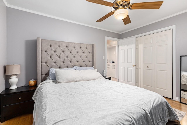 bedroom with ceiling fan, light wood-type flooring, crown molding, and a closet