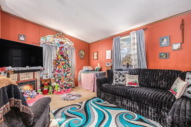 living room with carpet, ornamental molding, a textured ceiling, and lofted ceiling