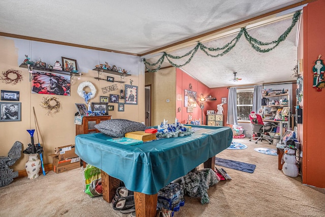 game room with carpet flooring, ornamental molding, a textured ceiling, and billiards