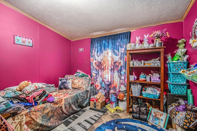 bedroom with tile patterned flooring, a textured ceiling, and ornamental molding