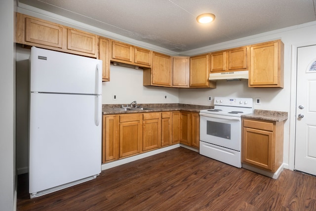 kitchen featuring ornamental molding, a textured ceiling, white appliances, sink, and dark hardwood / wood-style floors