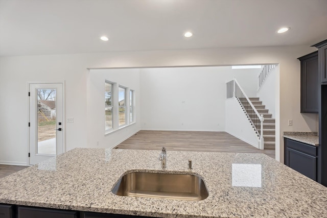 kitchen with hardwood / wood-style floors, light stone counters, and sink