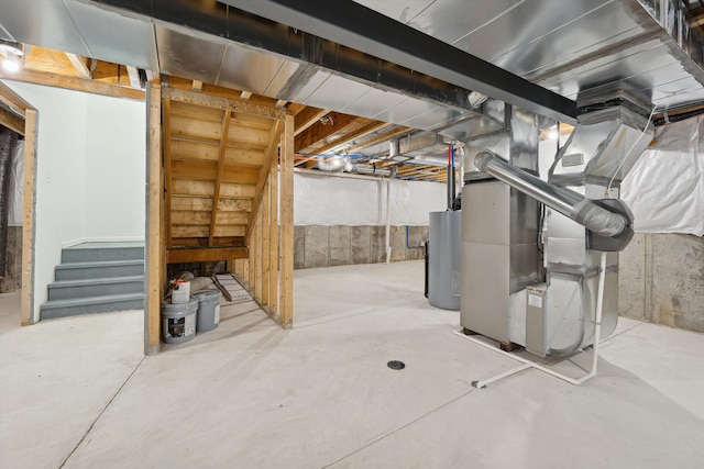 basement with heating unit and water heater