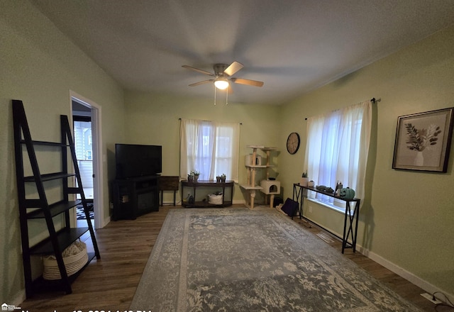 interior space with dark hardwood / wood-style floors and ceiling fan