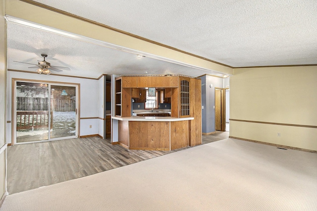 kitchen featuring crown molding, dark hardwood / wood-style floors, ceiling fan, a textured ceiling, and kitchen peninsula