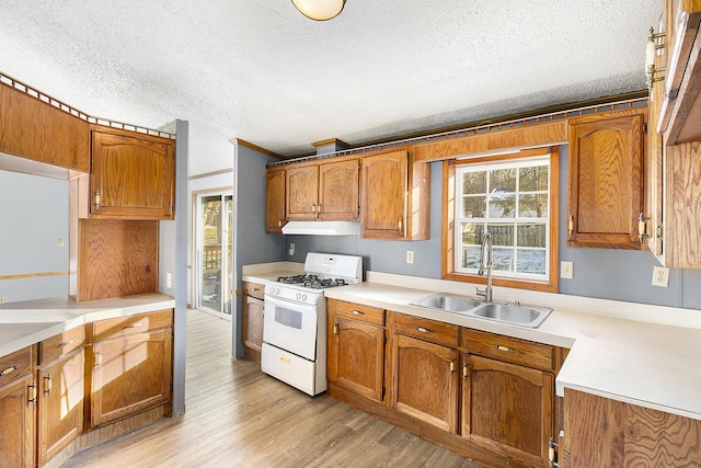 kitchen with a textured ceiling, light hardwood / wood-style floors, sink, and white range with gas cooktop