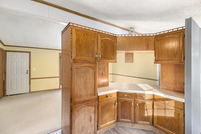 kitchen with light carpet, a textured ceiling, and ornamental molding