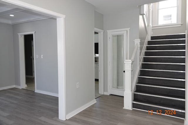 stairway featuring wood-type flooring