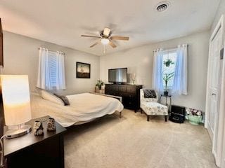 bedroom featuring carpet, ceiling fan, and a closet