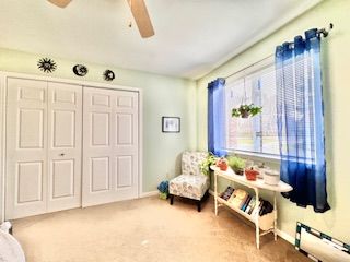 living area with carpet, ceiling fan, and a baseboard radiator