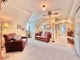 living room featuring light carpet, ceiling fan, and lofted ceiling