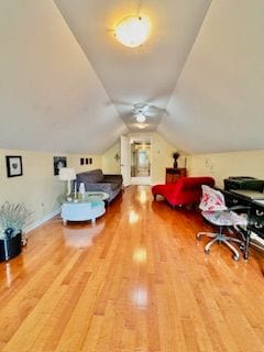 bedroom featuring wood-type flooring and lofted ceiling