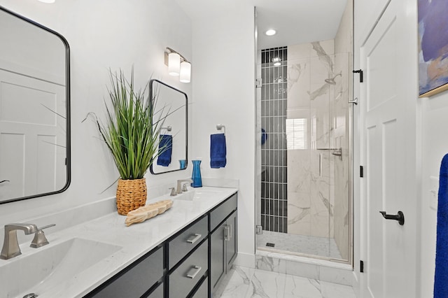 12711 Ivy Ln, Linden, MI 48451 - bathroom featuring a marble finish shower, marble finish floors, double vanity, and recessed lighting