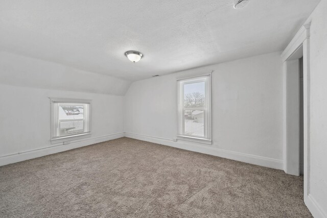 additional living space with carpet flooring, a textured ceiling, vaulted ceiling, and a healthy amount of sunlight