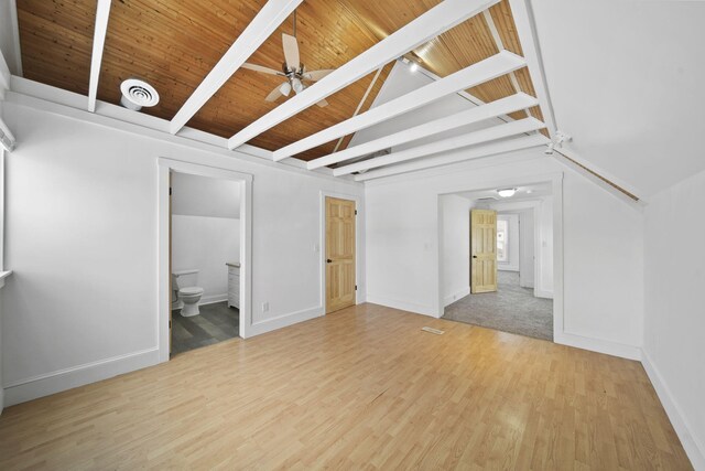 interior space featuring hardwood / wood-style flooring, ceiling fan, lofted ceiling with beams, and wooden ceiling