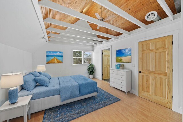 bedroom with lofted ceiling with beams, light hardwood / wood-style flooring, and wood ceiling