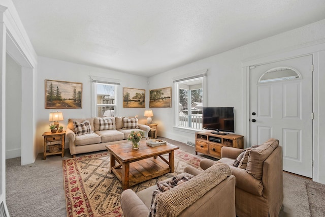 living room with a textured ceiling and light carpet