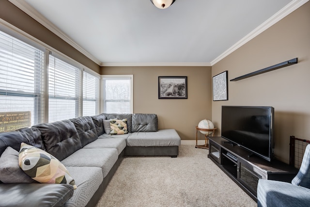 carpeted living room featuring crown molding and plenty of natural light