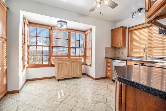 kitchen featuring backsplash, stainless steel dishwasher, plenty of natural light, and ceiling fan