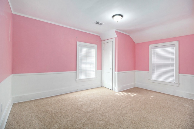 interior space with carpet flooring and lofted ceiling