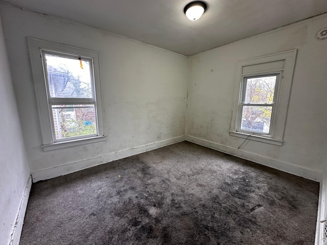 empty room with a healthy amount of sunlight, carpet floors, and baseboard heating