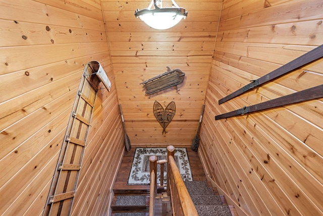 staircase with wooden walls