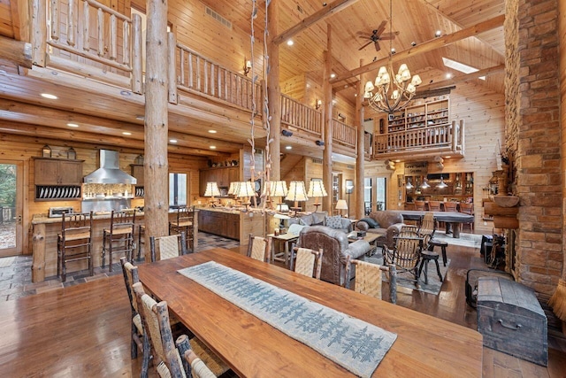 dining room featuring beam ceiling, dark hardwood / wood-style flooring, high vaulted ceiling, wood ceiling, and ceiling fan with notable chandelier