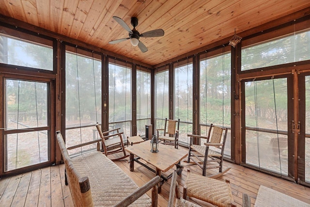 sunroom / solarium with a wealth of natural light, ceiling fan, and wood ceiling