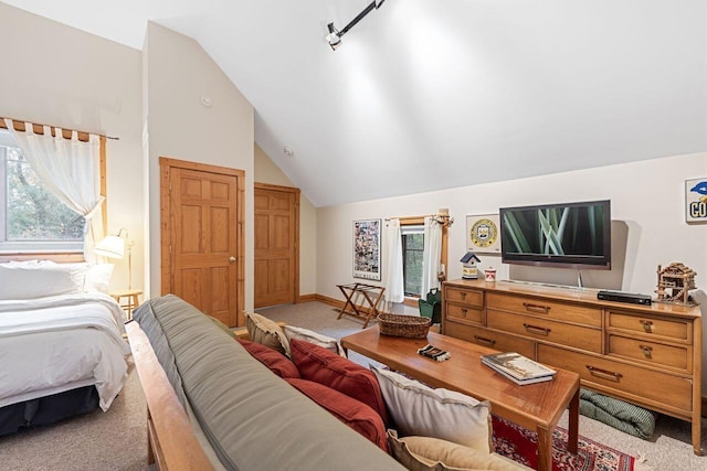 bedroom featuring carpet flooring and vaulted ceiling