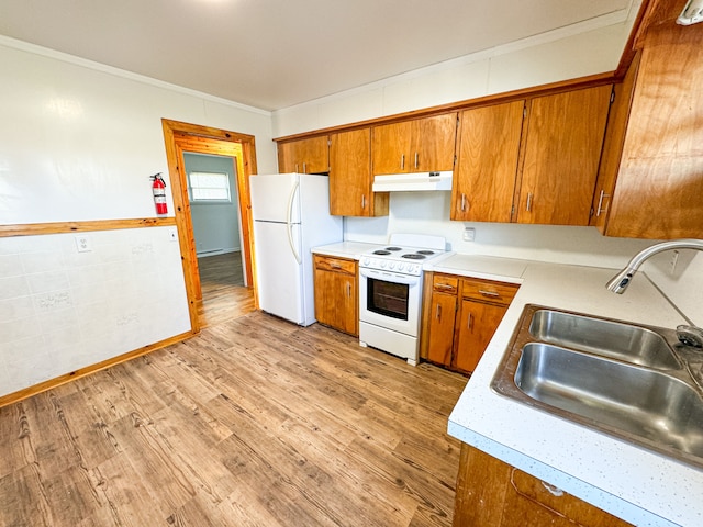 kitchen with white appliances, light hardwood / wood-style floors, crown molding, and sink