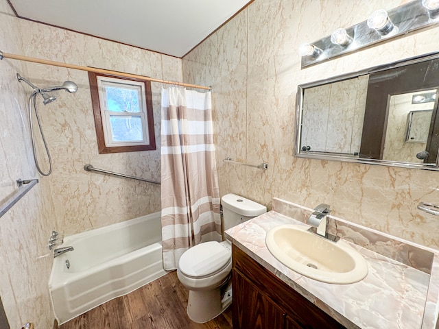 full bathroom featuring toilet, shower / bath combo with shower curtain, tile walls, and hardwood / wood-style flooring