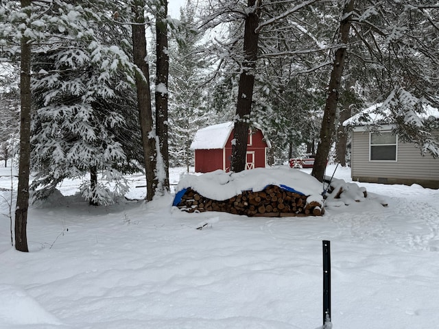 yard covered in snow featuring an outbuilding