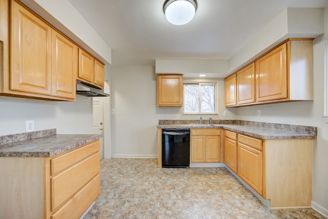 kitchen with light brown cabinets, black dishwasher, and sink