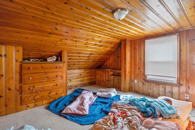 bedroom featuring carpet flooring, wood walls, lofted ceiling, and wood ceiling