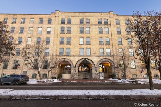 view of snow covered building