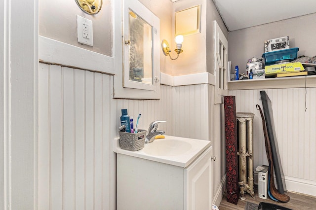 bathroom with vanity and wood-type flooring