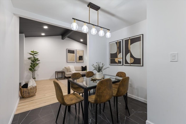 dining room featuring dark wood finished floors, recessed lighting, vaulted ceiling with beams, and baseboards