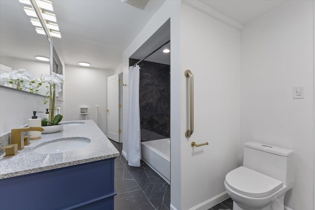 full bathroom featuring toilet, marble finish floor, shower / bath combination with curtain, baseboards, and vanity