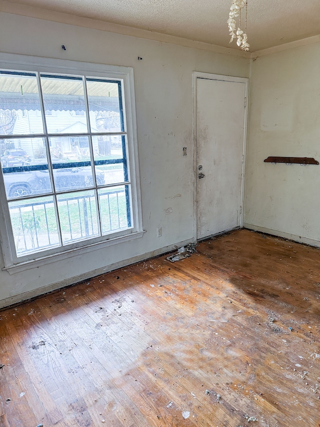 unfurnished room with wood-type flooring and a textured ceiling