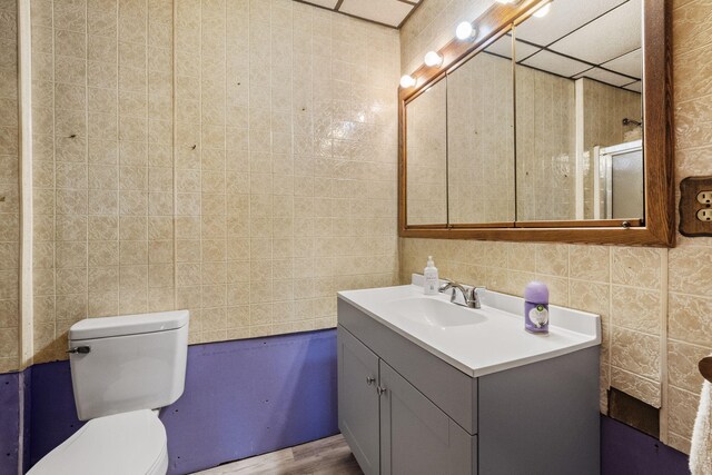 bathroom with vanity, hardwood / wood-style flooring, toilet, and tile walls